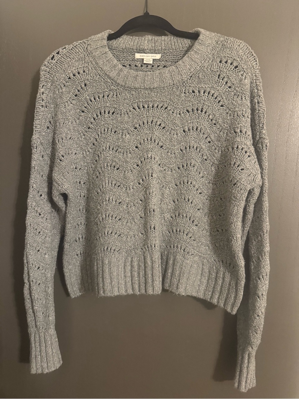 American Eagle Gray Openwork Crewneck Sweater